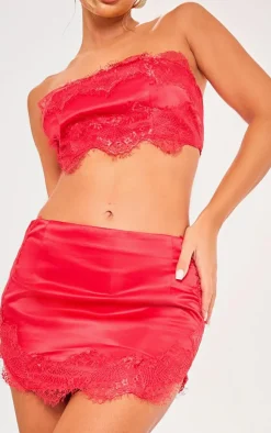 Best PrettyLittleThing Satin Lace Trim Detail Low Rise Micro Mini Skirt Red