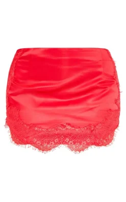Best PrettyLittleThing Satin Lace Trim Detail Low Rise Micro Mini Skirt Red