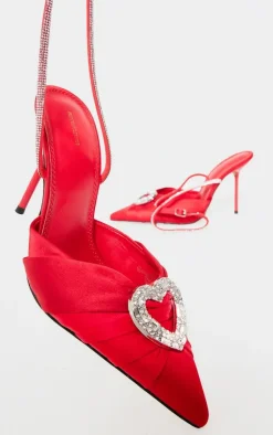 PrettyLittleThing Statement Heels*Satin Point Toe Diamante Heart Court Heels