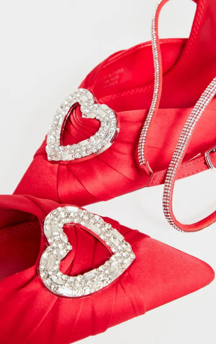 PrettyLittleThing Statement Heels*Satin Point Toe Diamante Heart Court Heels