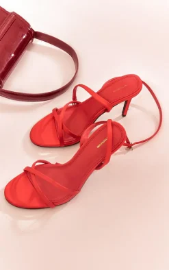 PrettyLittleThing Heeled Sandals*Satin Round Toe Cross Over Strap Barely There Heeled Sandals