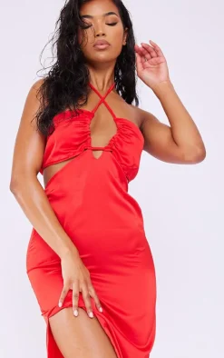 Satin Strappy Cut Out Midaxi Dress-PrettyLittleThing Outlet