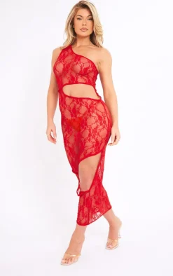 Sheer Lace One Shoulder Multi Cut Out Midaxi Dress-PrettyLittleThing New
