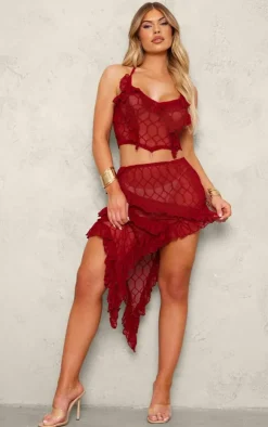 Hot PrettyLittleThing Sheer Textu Ruffle Asymmetric Mini Skirt Red