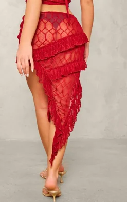 Hot PrettyLittleThing Sheer Textu Ruffle Asymmetric Mini Skirt Red