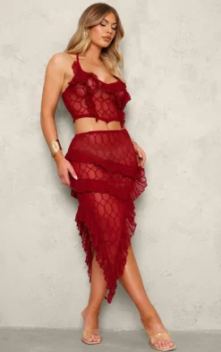 Hot PrettyLittleThing Sheer Textu Ruffle Asymmetric Mini Skirt Red