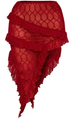 Hot PrettyLittleThing Sheer Textu Ruffle Asymmetric Mini Skirt Red