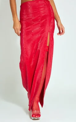 Discount PrettyLittleThing Snakeskin Matte Vinyl Extreme Split Midaxi Skirt Red