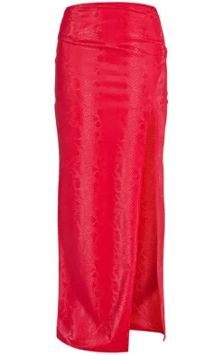Discount PrettyLittleThing Snakeskin Matte Vinyl Extreme Split Midaxi Skirt Red