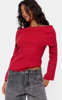 PrettyLittleThing Knitted Tops*Soft Rib Knit Bardot Foldover Long Sleeve Top
