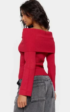 PrettyLittleThing Knitted Tops*Soft Rib Knit Bardot Foldover Long Sleeve Top