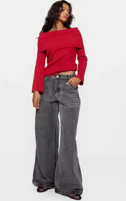 PrettyLittleThing Knitted Tops*Soft Rib Knit Bardot Foldover Long Sleeve Top
