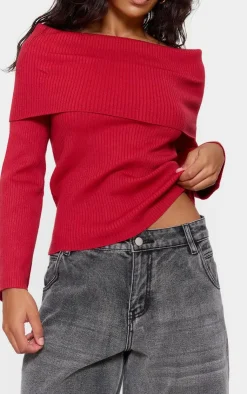 PrettyLittleThing Knitted Tops*Soft Rib Knit Bardot Foldover Long Sleeve Top