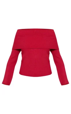 PrettyLittleThing Knitted Tops*Soft Rib Knit Bardot Foldover Long Sleeve Top