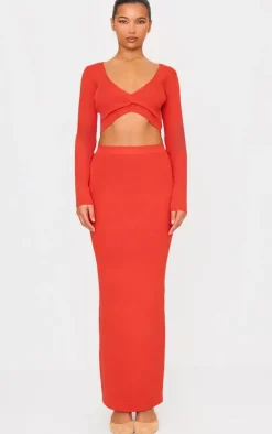 Hot PrettyLittleThing Soft Rib Knit Maxi Skirt Red