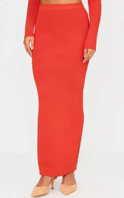 Hot PrettyLittleThing Soft Rib Knit Maxi Skirt Red