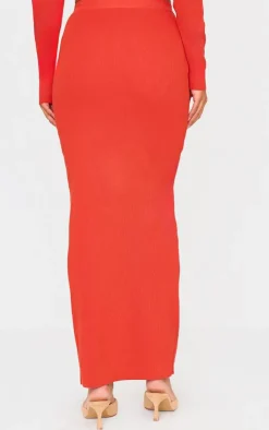 Hot PrettyLittleThing Soft Rib Knit Maxi Skirt Red