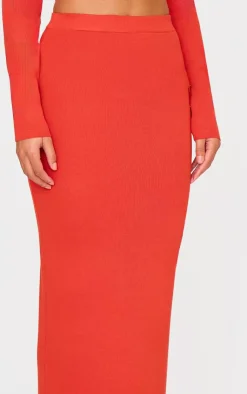 Hot PrettyLittleThing Soft Rib Knit Maxi Skirt Red