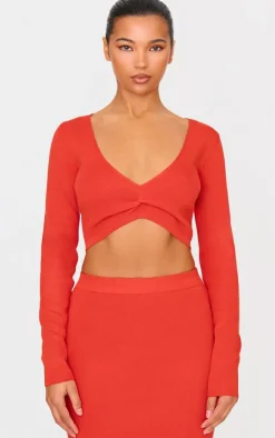 Clearance PrettyLittleThing Soft Rib Knit Twist Front Long Sleeve Top Red