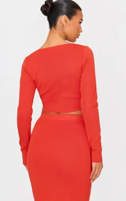 Clearance PrettyLittleThing Soft Rib Knit Twist Front Long Sleeve Top Red