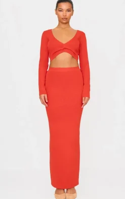 Clearance PrettyLittleThing Soft Rib Knit Twist Front Long Sleeve Top Red