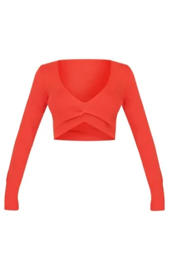 Clearance PrettyLittleThing Soft Rib Knit Twist Front Long Sleeve Top Red