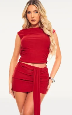 Hot PrettyLittleThing Soft Touch Backless Side Ruched Top Red