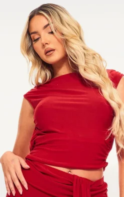 Hot PrettyLittleThing Soft Touch Backless Side Ruched Top Red