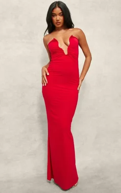 Red Soft Touch Plunge Trim Detail Bandeau Maxi Dress-PrettyLittleThing Sale