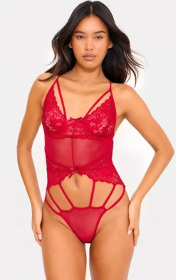 Strapping Detail Lace Bodysuit-PrettyLittleThing Outlet