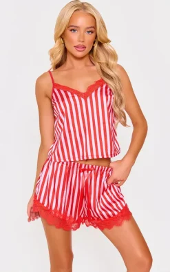 PrettyLittleThing Christmas Pajamas*Stripe Contrast Lace Satin Cami Short PJ Set