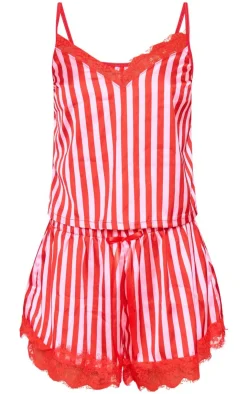 PrettyLittleThing Christmas Pajamas*Stripe Contrast Lace Satin Cami Short PJ Set
