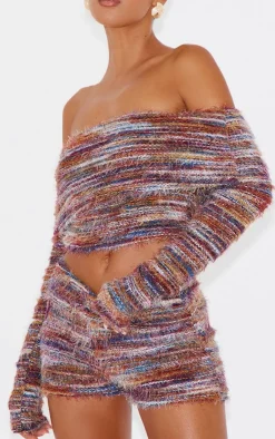 New PrettyLittleThing Stripe Eyelash Textu Fold Over Hot Pants Red