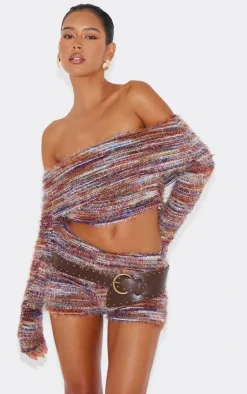 PrettyLittleThing Stripe Eyelash Textu Foldover Bardot Top Red