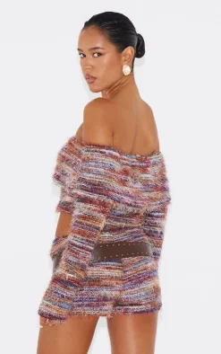 PrettyLittleThing Stripe Eyelash Textu Foldover Bardot Top Red