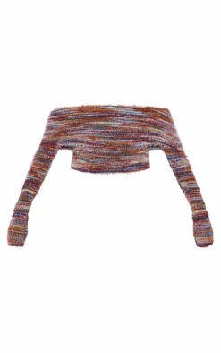 PrettyLittleThing Stripe Eyelash Textu Foldover Bardot Top Red