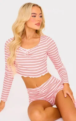 PrettyLittleThing Christmas Day Outfits*Stripe Long Sleeve Top And Short Pj Set