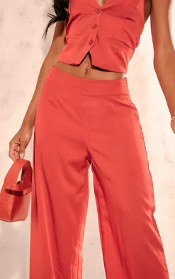 Hot PrettyLittleThing Tailo Mid Rise Wide Leg Pants Red