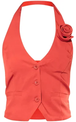 PrettyLittleThing Tailo Rosette Detail Halterneck Vest Red