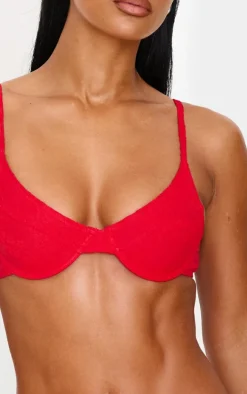 Red Textured Floral Underwired Bikini Top