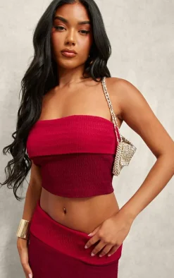 Discount PrettyLittleThing Textu Fold Bandeau Top Red