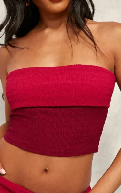 Discount PrettyLittleThing Textu Fold Bandeau Top Red