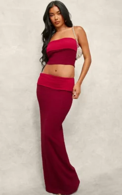 Online PrettyLittleThing Textu Fold Over Maxi Skirt Red