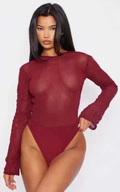 Textu Mesh Open Tie Back Detail Bodysuit-PrettyLittleThing Online