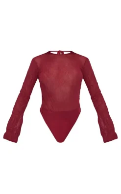 Textu Mesh Open Tie Back Detail Bodysuit-PrettyLittleThing Online