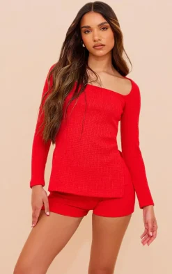 Best PrettyLittleThing Textu Rib Long Sleeve Split Hem Longline Top Red