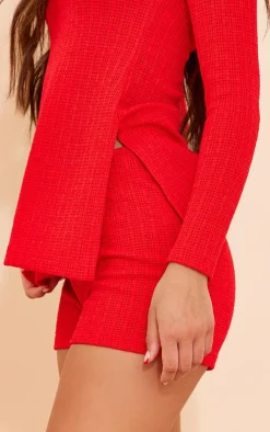 Best PrettyLittleThing Textu Rib Long Sleeve Split Hem Longline Top Red