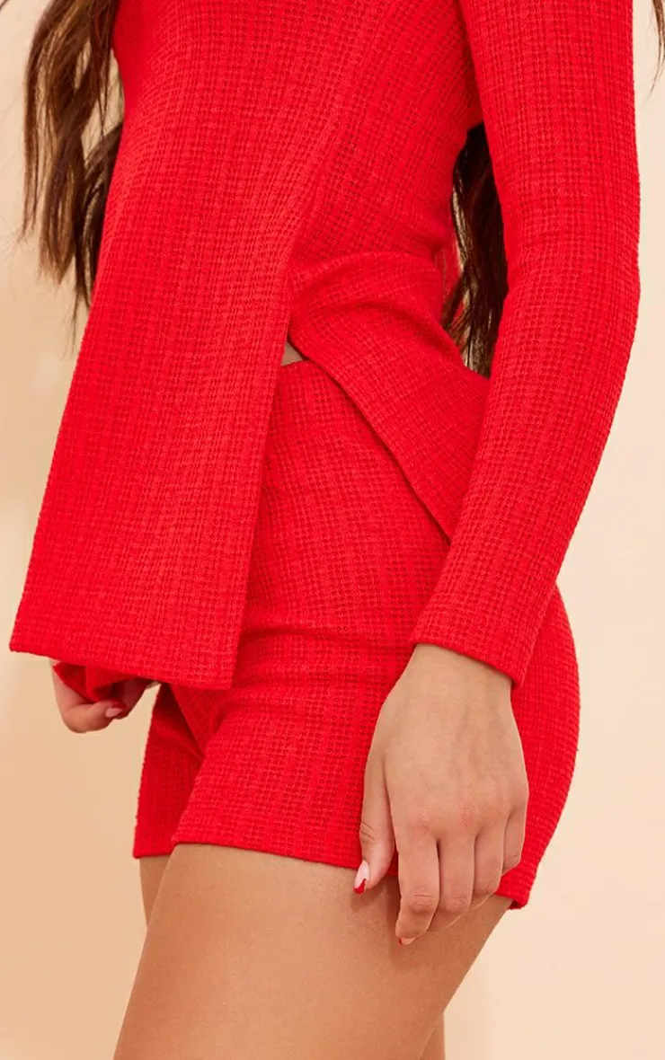 Best PrettyLittleThing Textu Rib Long Sleeve Split Hem Longline Top Red