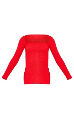 Best PrettyLittleThing Textu Rib Long Sleeve Split Hem Longline Top Red