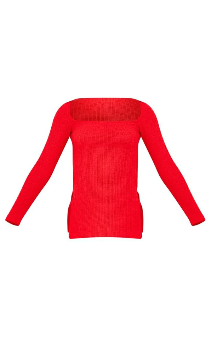 Best PrettyLittleThing Textu Rib Long Sleeve Split Hem Longline Top Red